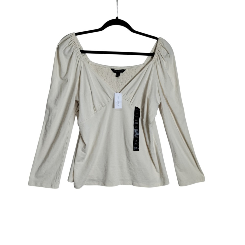 Banana Republic Women Cream Long Sleeve Sweetheart Smocked Back Top L